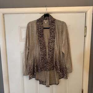 One World Leopard Print Open Front Draped Cardigan, Taupe Knit, Size M